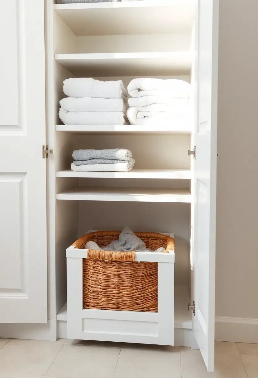 Bathroom linen cabinet with pull-out hamper at the floor level, top shelves holding folded towels, integrated into white cabinetry