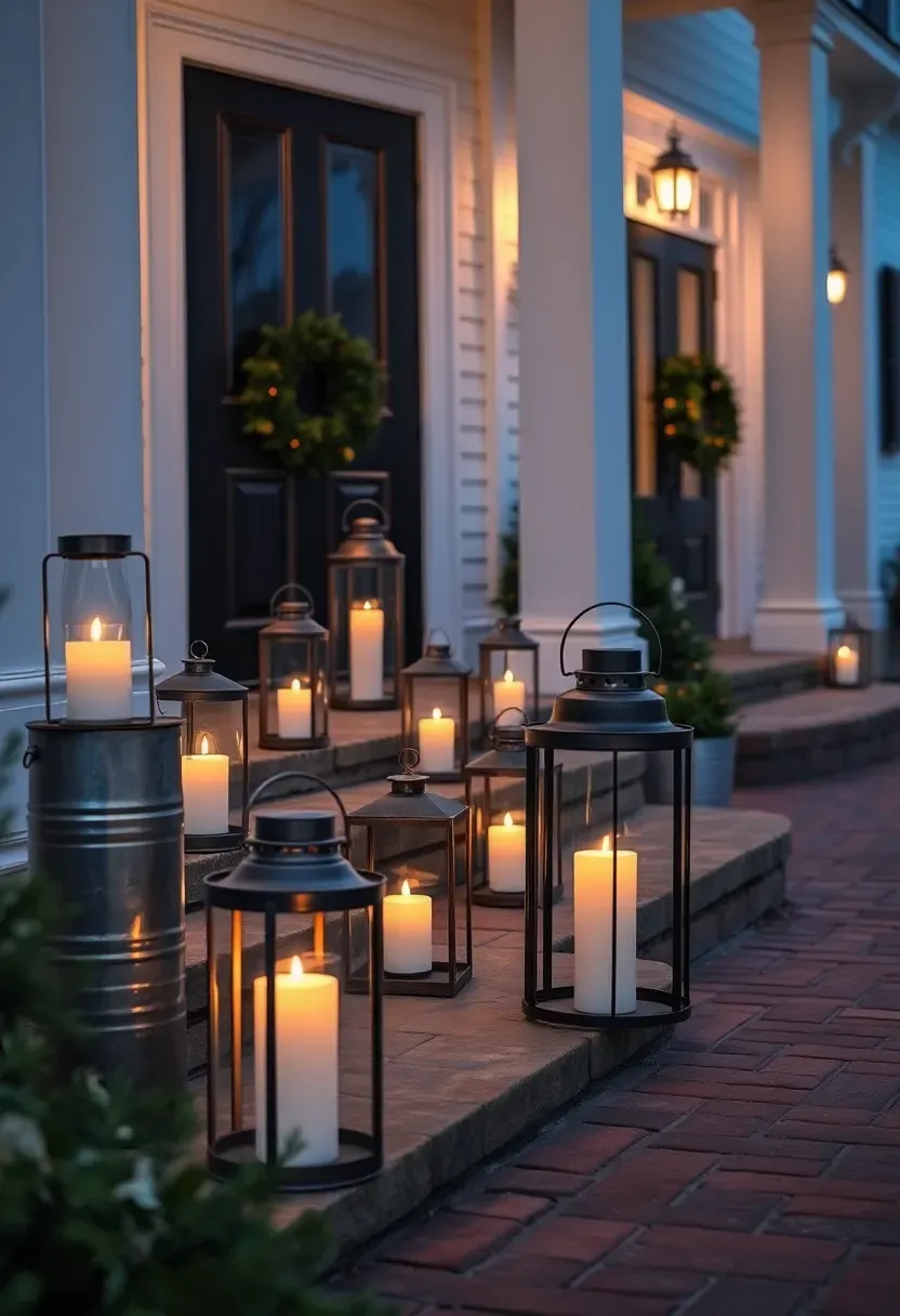 Hyper-realistic 3/4 view of a lantern-lit front porch Christmas pathway. Materials: varied metal lanterns in galvanized steel, aged copper, and black iron lined across stone porch steps and continuing along a brick walkway, battery-operated warm white pillar candles in each lantern, simple fresh pine wreath on the front door. Twilight blue hour (3800K) with candles glowing, stone porch flooring, brick path, white colonial exterior with black shutters and columns. Dramatic welcoming mood like luxury hotel entry. Shallow depth of field, sharp details on lantern metalwork and candle glow, linear pathway composition. No text, no logos, no watermarks.</p>