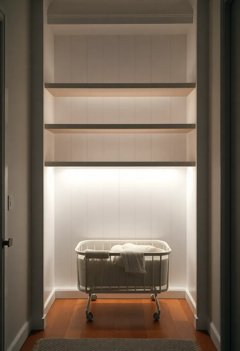 Nursery corner nook in bedroom with floating white shelves at varying heights, LED strip lighting, and mini crib below — rental-friendly alternative shown