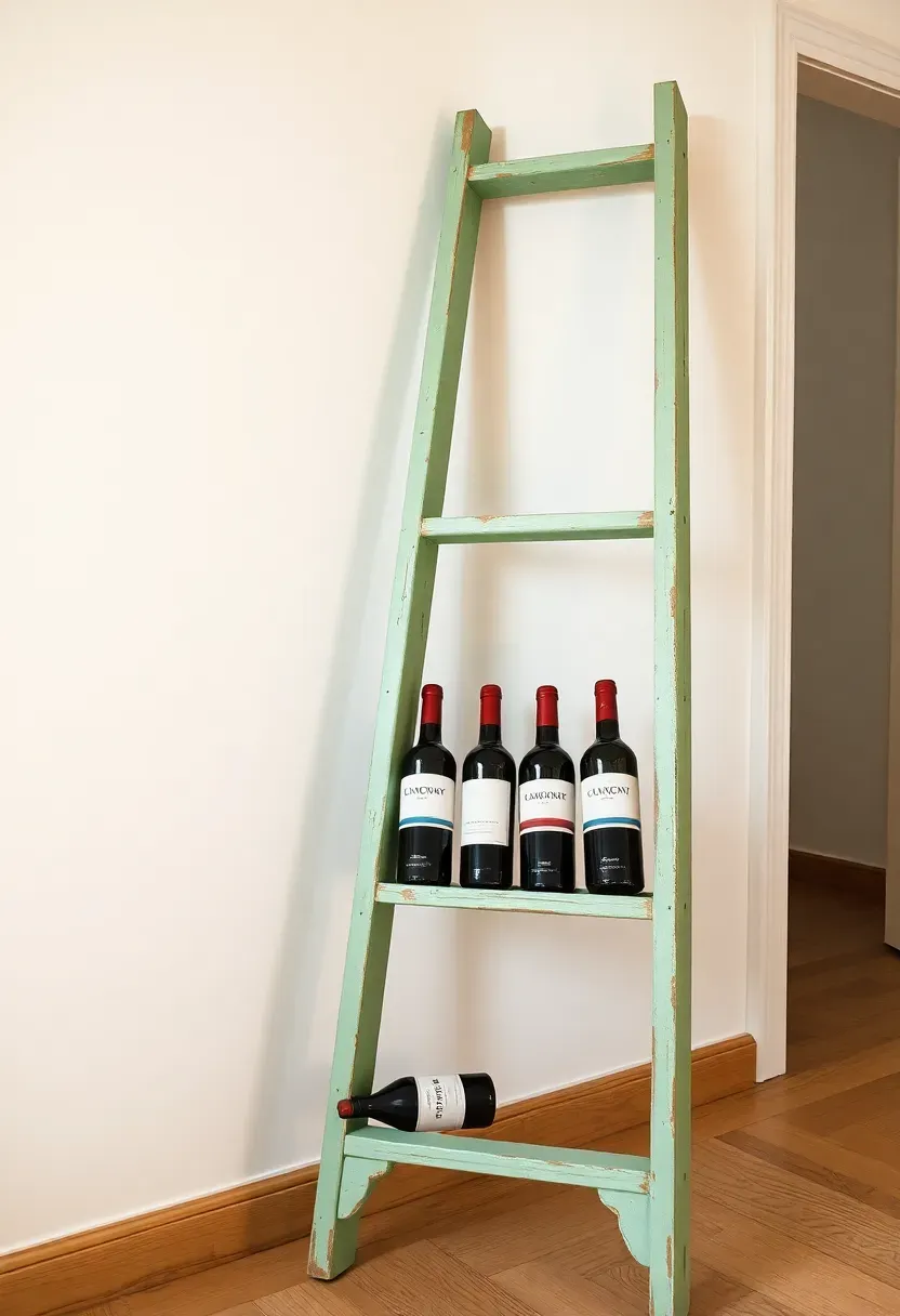 Old wooden ladder painted in soft mint green and leaning against a dining room wall, with wine bottles stored horizontally across the rungs