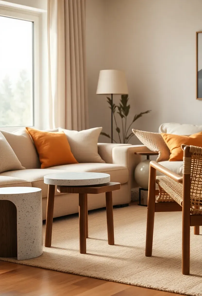 Terrazzo side table with nested stools for guests