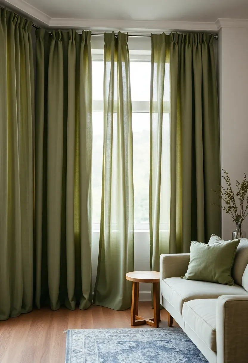 Hyper-realistic view of living room with large windows featuring floor-to-ceiling sage green linen curtains, white walls, light beige sofa, oak side table. Materials: sage green linen fabric with visible natural texture, white walls, oak wood. Soft natural light filtering through sage curtains, serene filtered mood. Curtain fabric as color element, shallow depth of field, no text, no logos.</p>