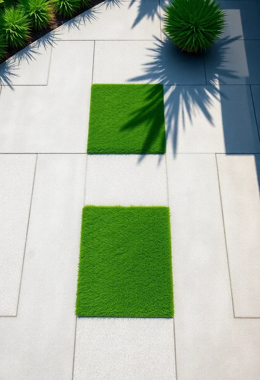 Alternating squares of concrete pavers and green synthetic turf forming a geometric checkerboard pattern in a modern backyard