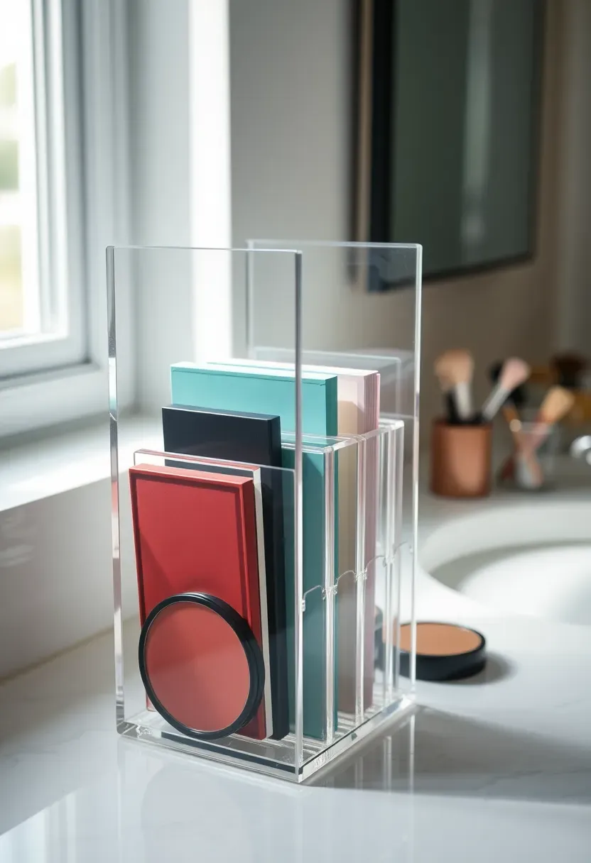 Vertical clear acrylic organizer with narrow slots standing on a bathroom counter holding palettes and flat items