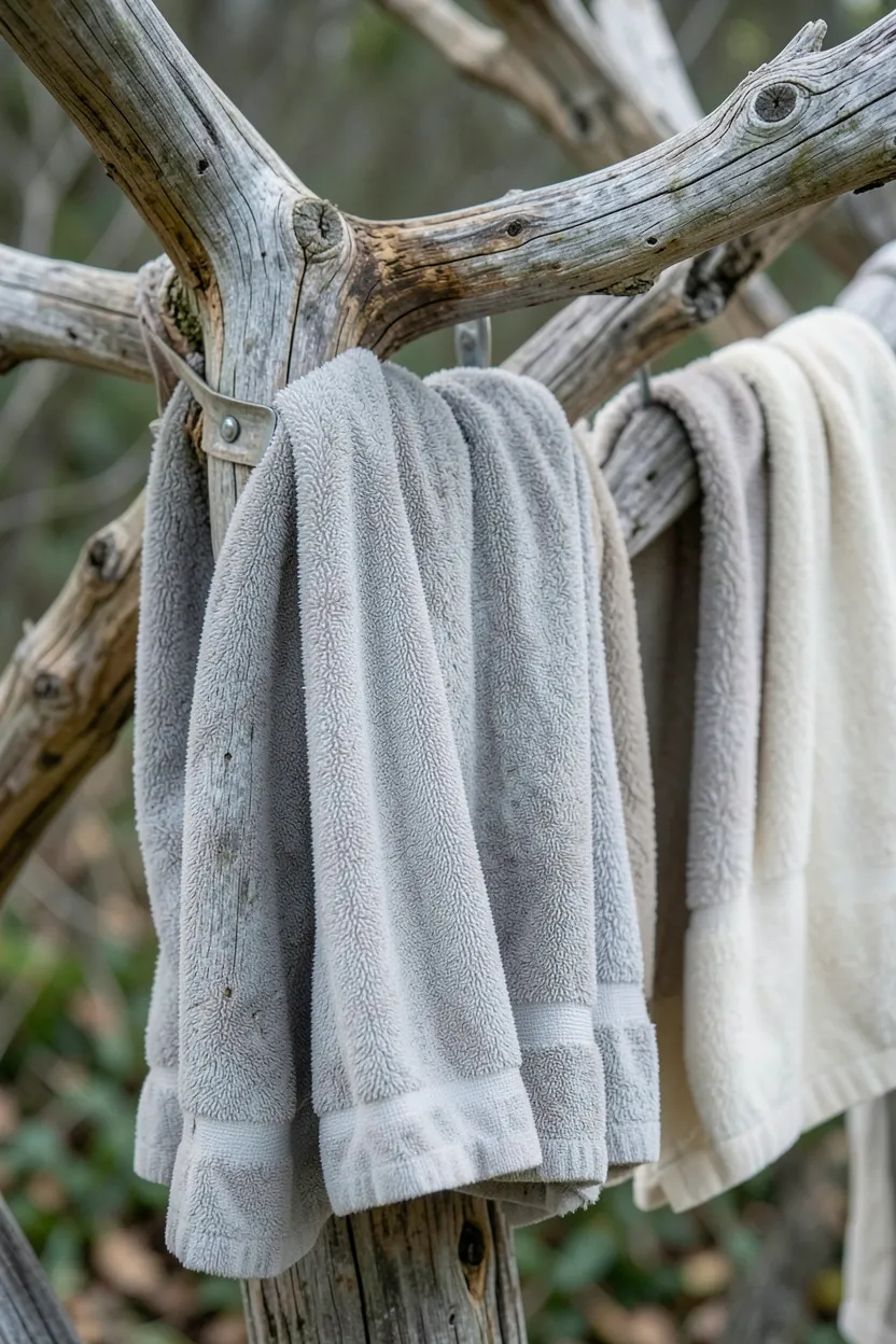 Weathered driftwood branch towel holder with silver-gray tones mounted on a textured white wall in a wabi-sabi bathroom