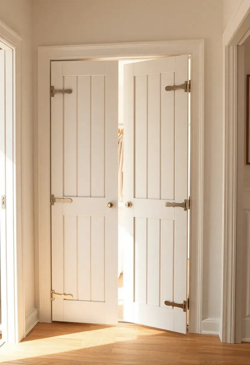 Charming half-height saloon cafe doors in white painted wood at a bedroom closet entrance