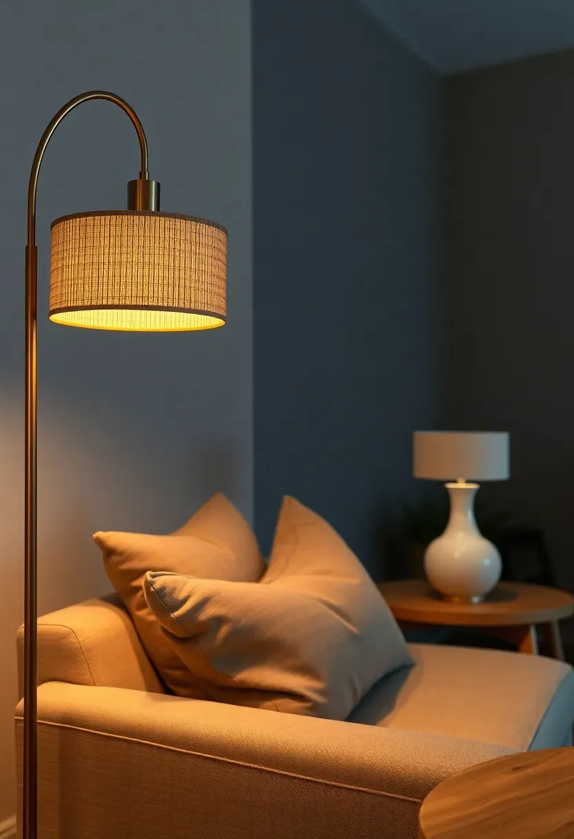 Living room corner at dusk lit by a tall arc floor lamp with a warm-toned shade beside the sofa, and a smaller table lamp on a side table, overhead light off