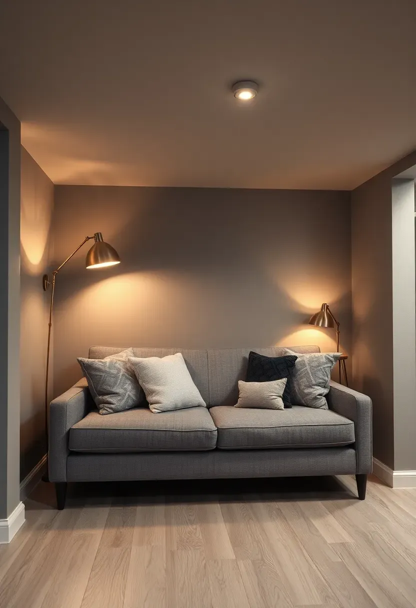 basement with warm pewter paint on walls and mixed metal light fixtures