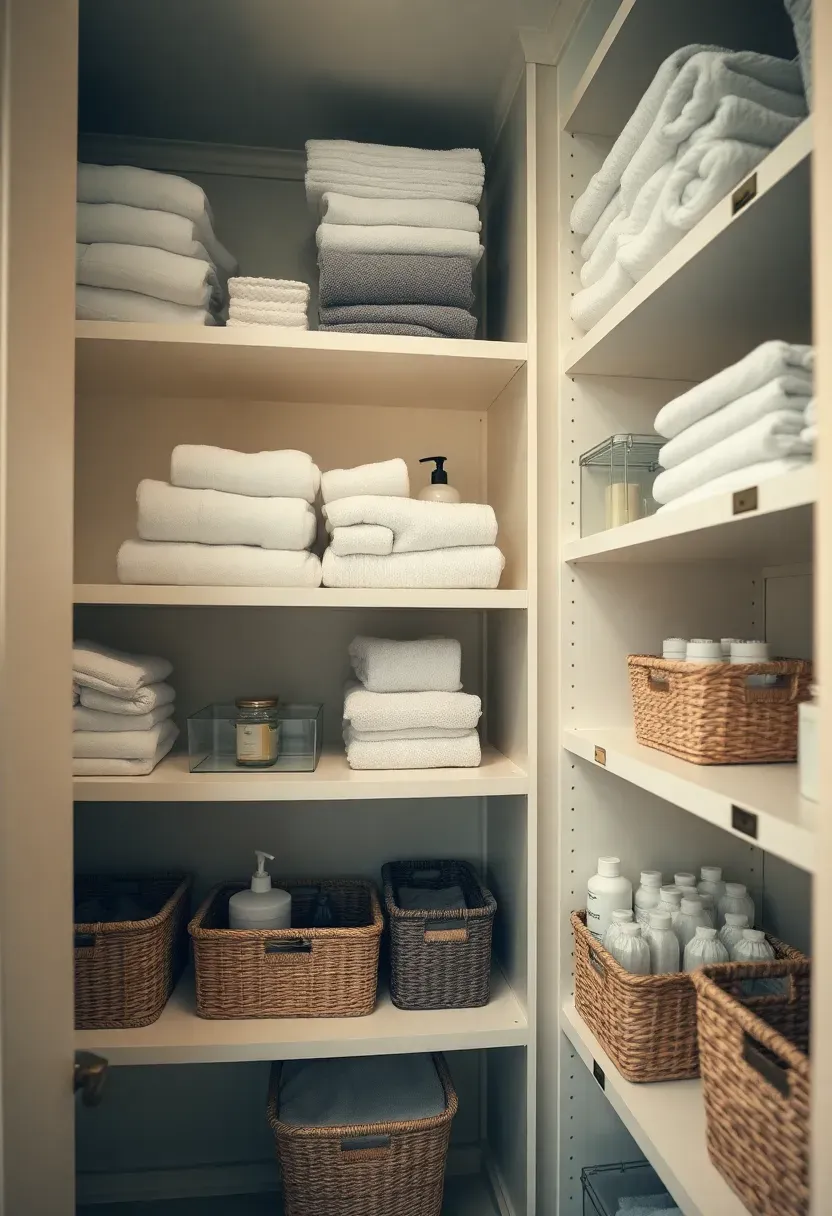 Bathroom closet with shelves organized into labeled zones for towels toiletries and cleaning supplies