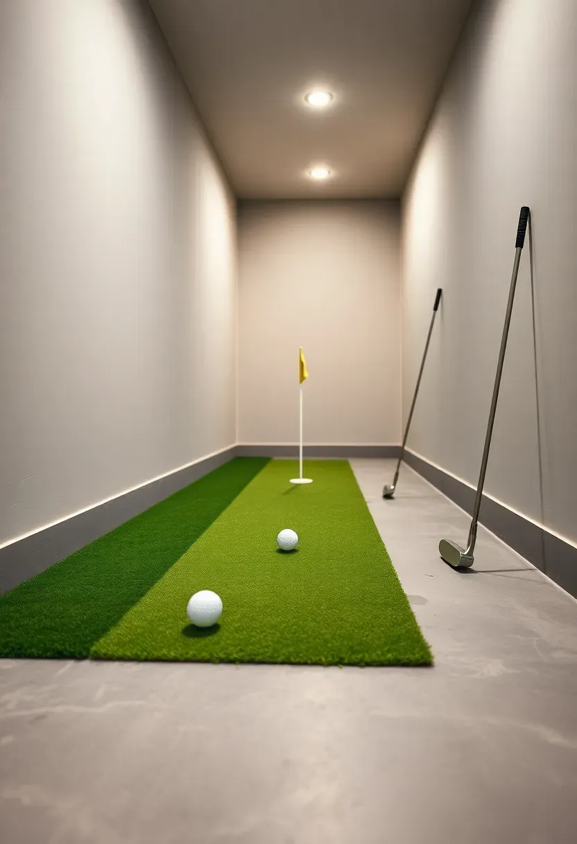 basement indoor putting green with artificial turf strip leading to a small hole with a flag on a grey floor