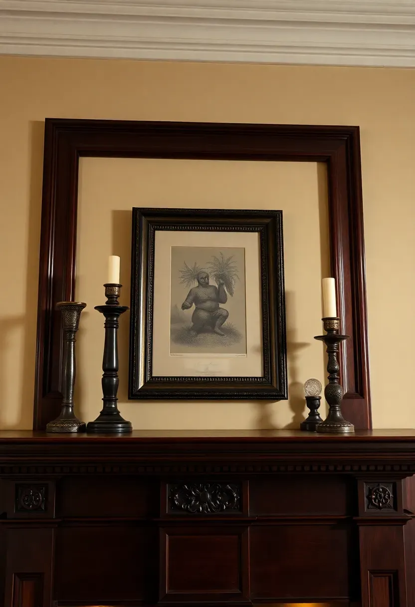 Deep mahogany mantel shelf with classical egg-and-dart molding, holding a collection of bronze candlesticks and a framed antique print