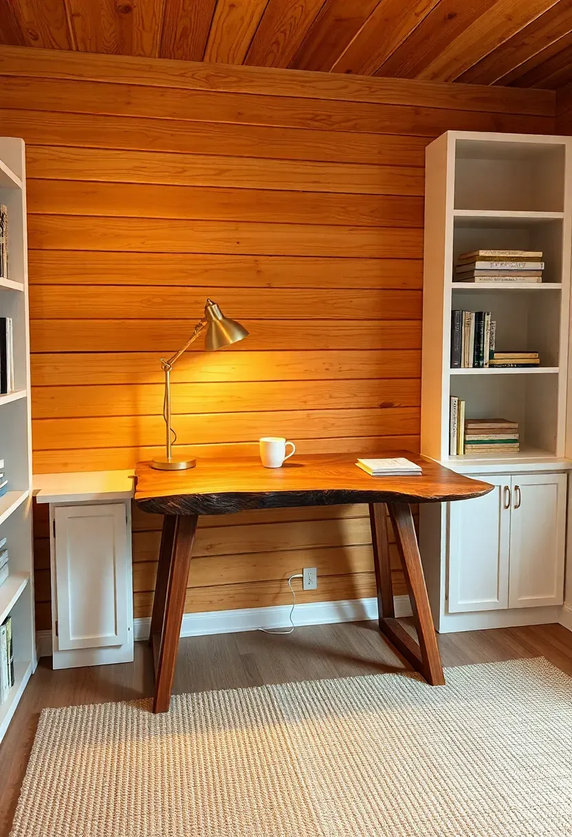 Basement office with horizontal cedar plank walls, a live-edge desk, warm task lighting, and built-in bookshelves