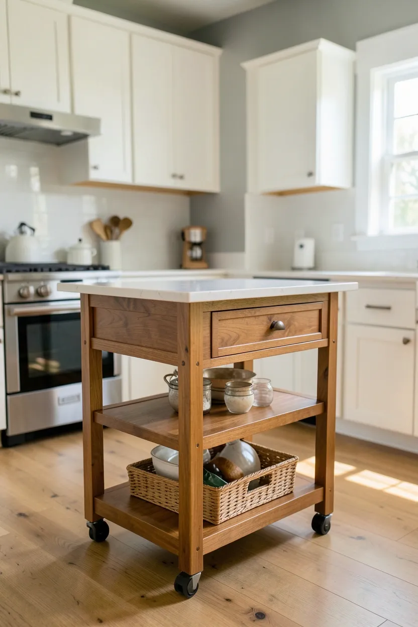 Natural wood rolling kitchen cart with shelves and drawers — portable renter-friendly extra prep space and storage