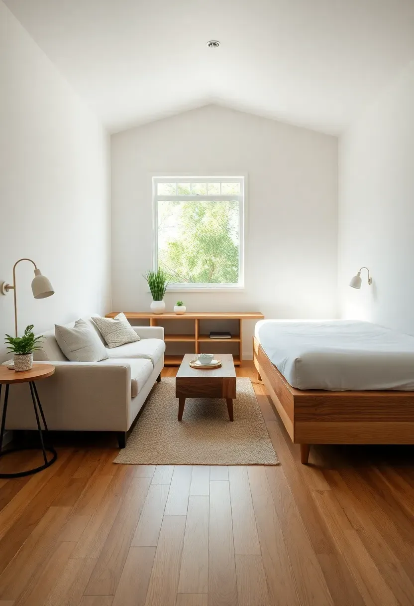 Hyper-realistic 3/4 view of tiny house with low-profile furniture, showing sofa with 15-inch seat height, low coffee table at 12 inches, platform bed at 10 inches, generous vertical space above all pieces, white walls, light oak floor, feeling of preserved volume and airiness, large window. Materials: white linen low-profile sofa, walnut low table, white platform bed, light oak floor, white walls. Bright natural light, soft shadows, vertical space emphasized.</p>