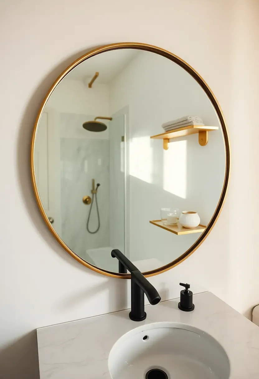 Modern bathroom detail showing mixed metals including brass mirror frame, matte black faucet, and brushed nickel shower trim