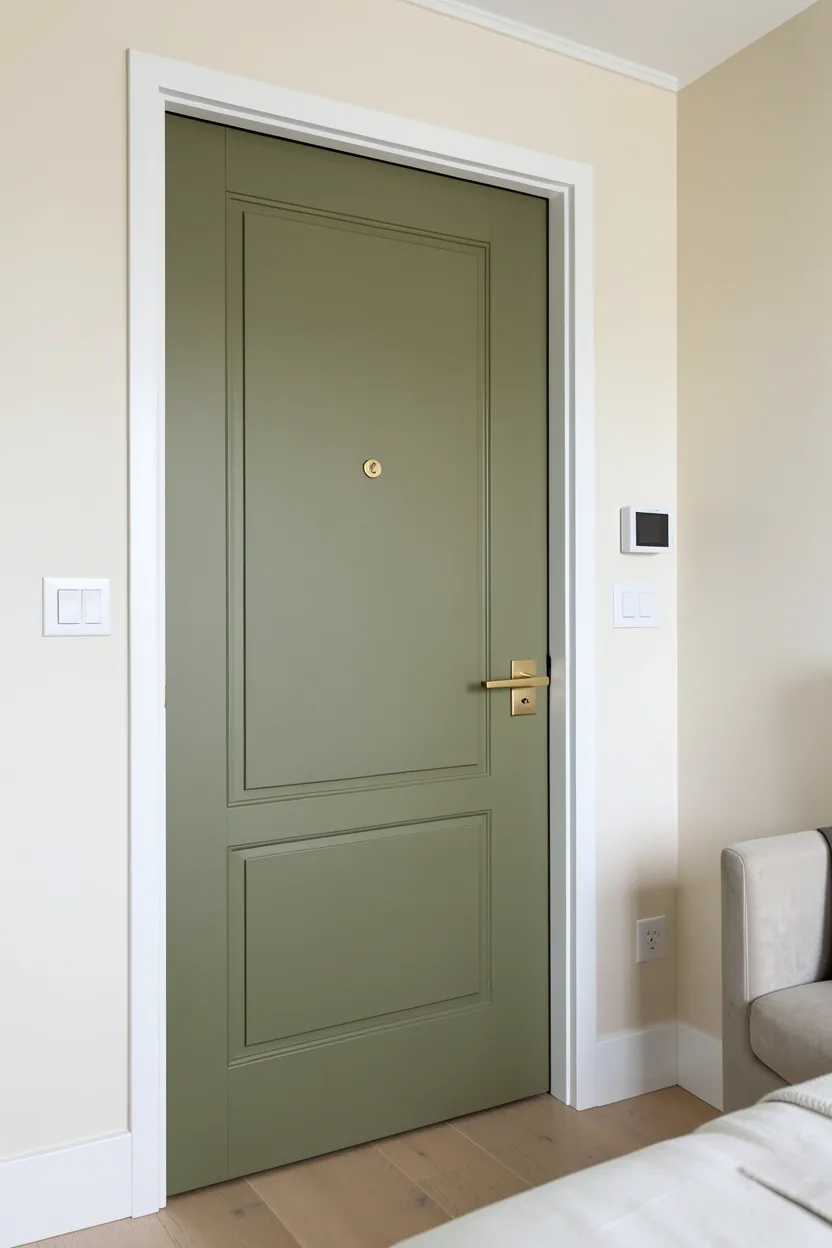 Classic olive green and white striped duvet cover on a neatly made bed with neutral walls, timeless bedroom textile pattern
