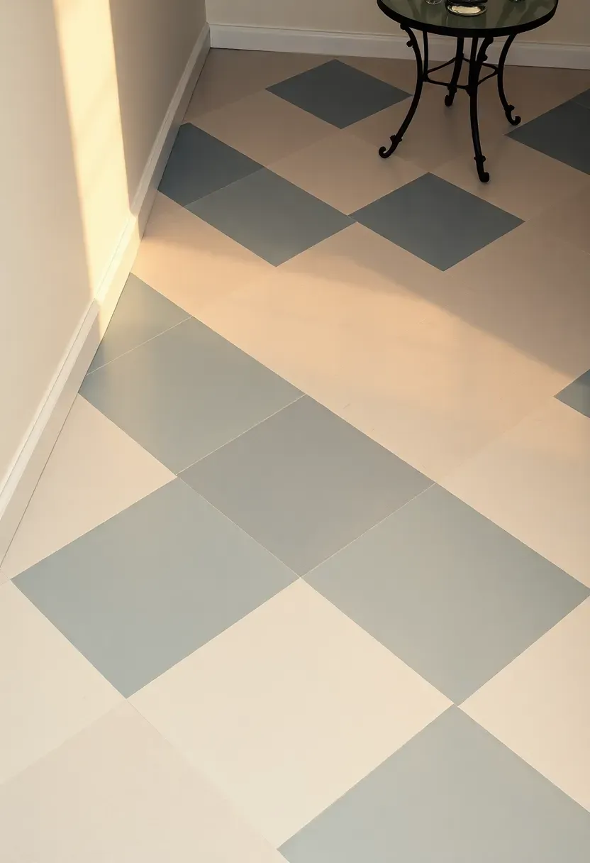 Painted diamond pattern on a basement floor in alternating cream and slate blue arranged diagonally across the room