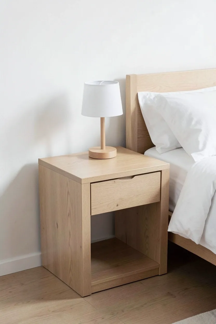 Slim natural wood bedside table with clean lines and one small drawer beside a linen bed in a minimalist Scandinavian rustic rental bedroom