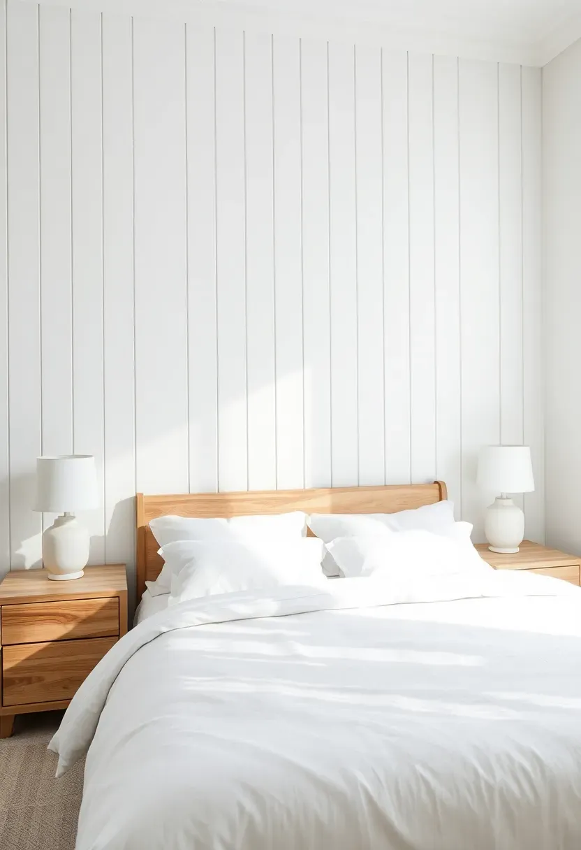 bright bedroom featuring white shiplap boards arranged in a herringbone pattern on the wall behind the bed with natural wood nightstands