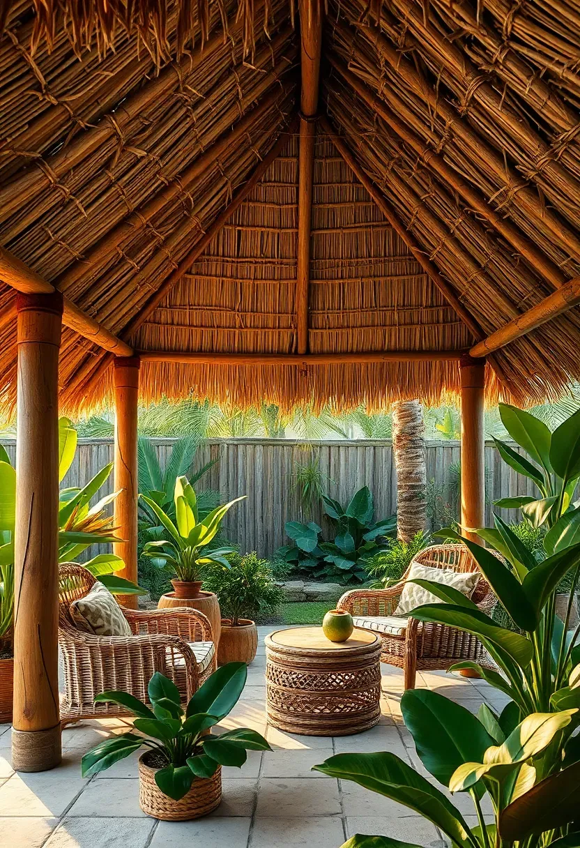 Natural thatch roof shade structure with round wooden posts over a tropical-style backyard seating area with rattan furniture and lush greenery