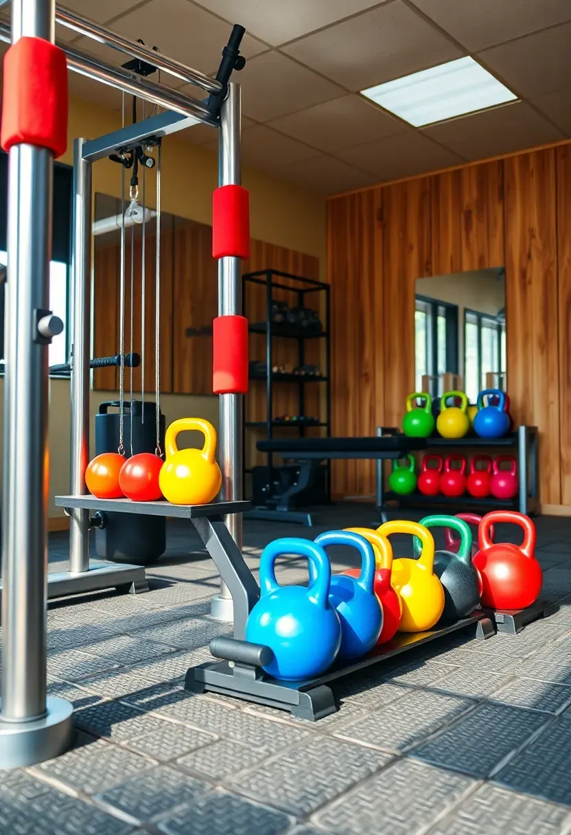 Family-friendly multi-station home gym with adjustable machines, colorful kid-sized kettlebells, and safety padding on the floor