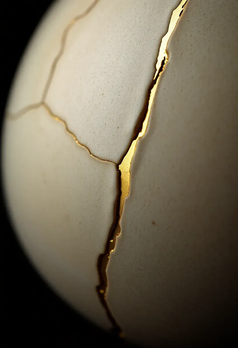 Hyper-realistic extreme close-up view of kintsugi repair showing cracked ceramic bowl with gold lacquer filling the crack line, visible ceramic texture and gold metallic repair. Materials: aged ceramic with subtle glaze variation, gold-filled crack creating river-like pattern, subtle surface wear and character. Macro photography style with strong directional light from left emphasizing the gold repair line and ceramic texture. Black negative space background, no other objects visible, complete focus on repair detail. Shallow depth of field with sharp focus on gold-ceramic junction. No text, no logos, no watermarks.</p>