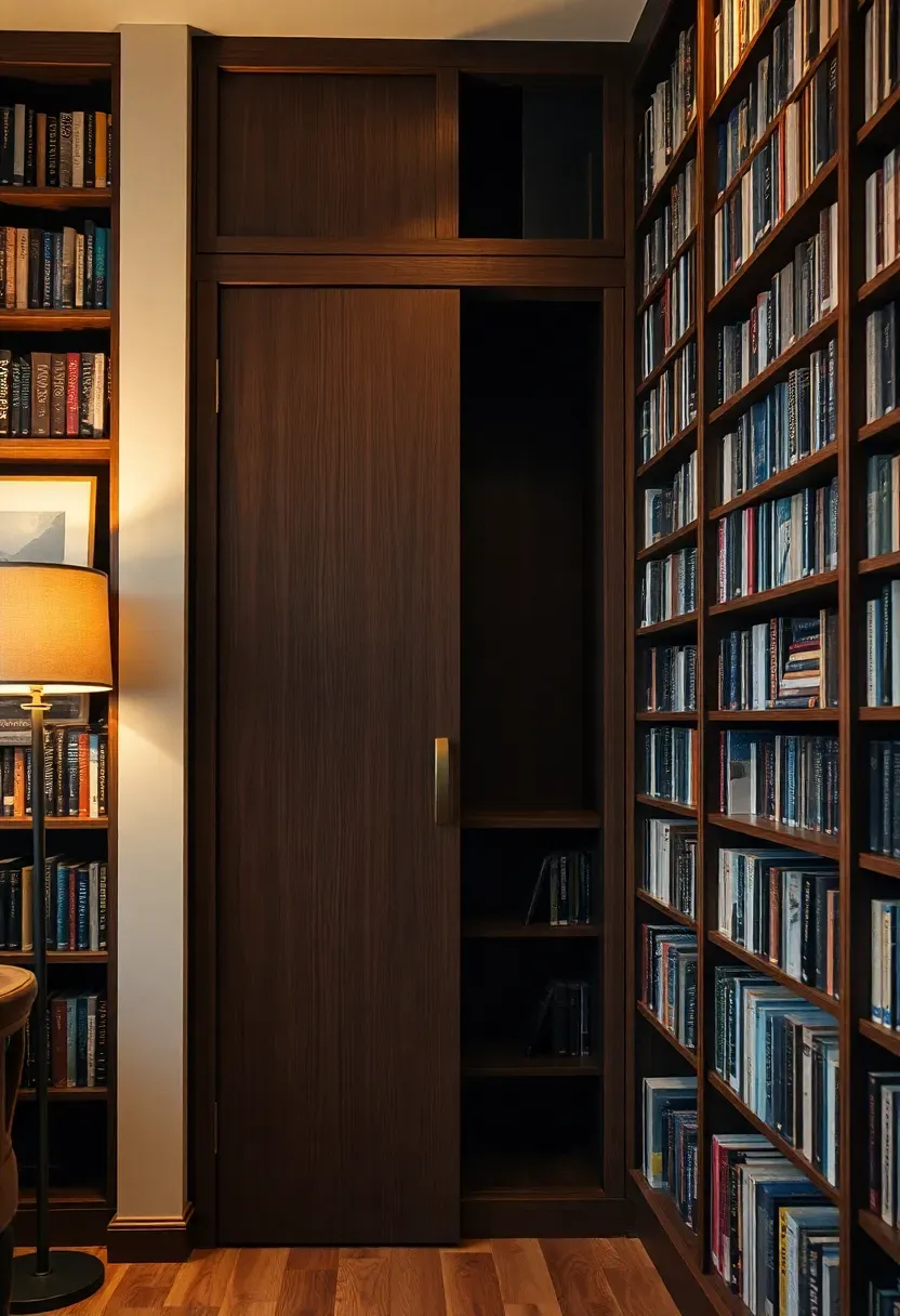 Hyper-realistic front view of floor-to-ceiling bookcase that appears as built-in but has hidden door mechanism visible in slight gap, books arranged on shelves, handle integrated into shelf. Materials: dark wood bookcase, mixed book spines, metal hidden hinges. Warm ambient lighting from side lamp and overhead, subtle shadows revealing door depth. Sharp details, intriguing composition, part of room with furniture visible, slightly ajar showing mechanism. No text, no logos, no watermarks.</p>