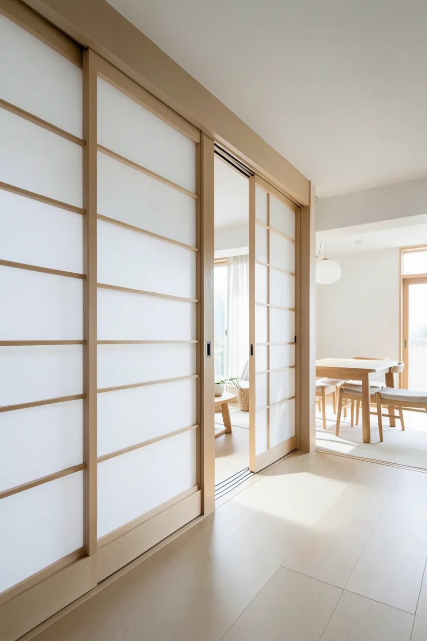 Shoji-style sliding room divider with natural wood frame and frosted glass panels in an open-plan Japandi living space