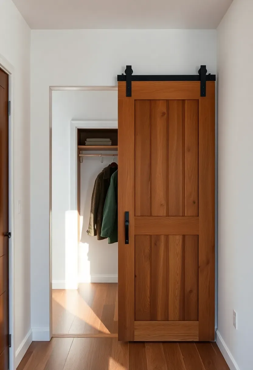 Warm walnut sliding barn door on matte black steel track partially open in apartment entryway