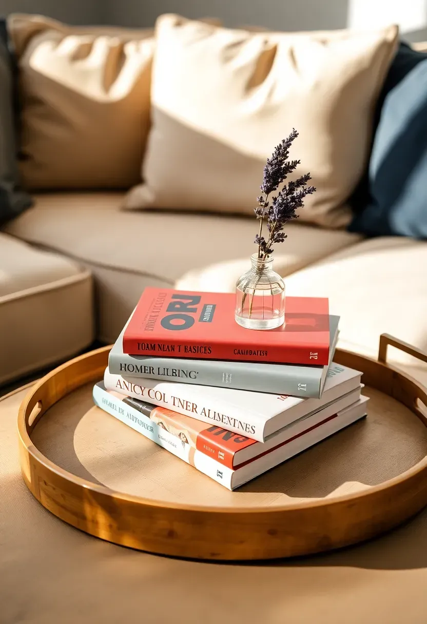 Coastal themed round white tray displaying collected seashells, coral fragment, and small blue glass jar on a driftwood side table
