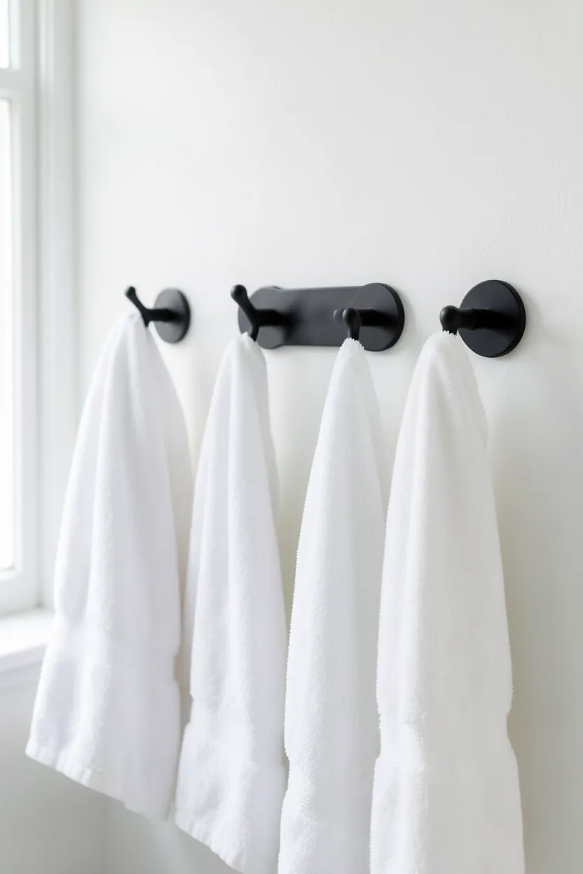 Matte black double towel bar with folded white towels in a modern rental bathroom — affordable fixture upgrade for a cohesive look