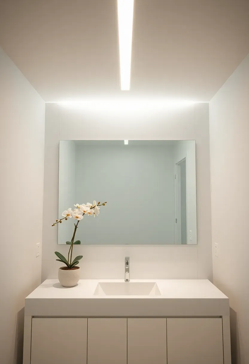 Hidden LED channel mounted above a wide frameless mirror casting a smooth wash of light downward in a minimalist bathroom
