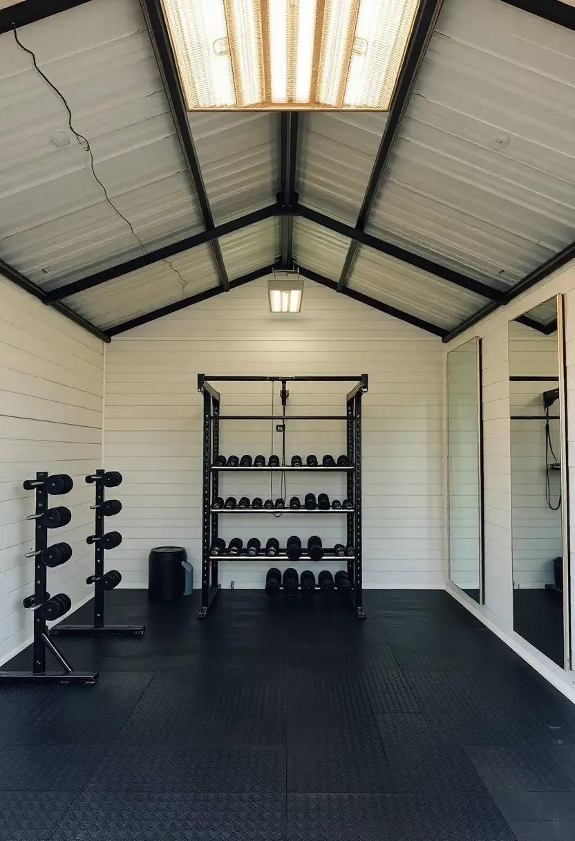 Complete backyard gym under a lean-to roof attached to a house, featuring squat rack, cable machine, dumbbell rack, mirrors, rubber flooring, and open side facing a green yard