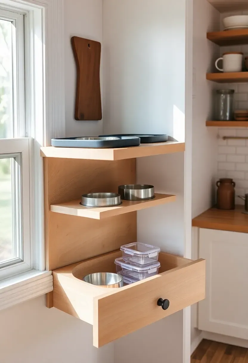 Hyper-realistic 3/4 view of tiny house kitchen with wall-mounted dog feeding station, showing elevated feeding shelf at 8 inches height with waterproof tray surface, removable stainless steel bowls, pull-out drawer below with airtight food containers, visible vertical storage for treats and meds. Materials: white oak shelf, matte black drawer pull, stainless steel bowls, clear airtight containers, white shiplap backsplash. Bright natural light from window, soft shadows, visible tiny house context—compact kitchen, open shelving. Shallow depth of field.</p>