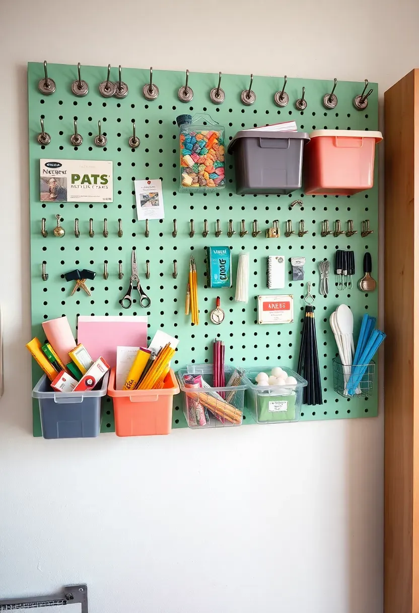 Painted white pegboard above a teen desk with hooks, baskets, and bins for organizing art supplies and accessories