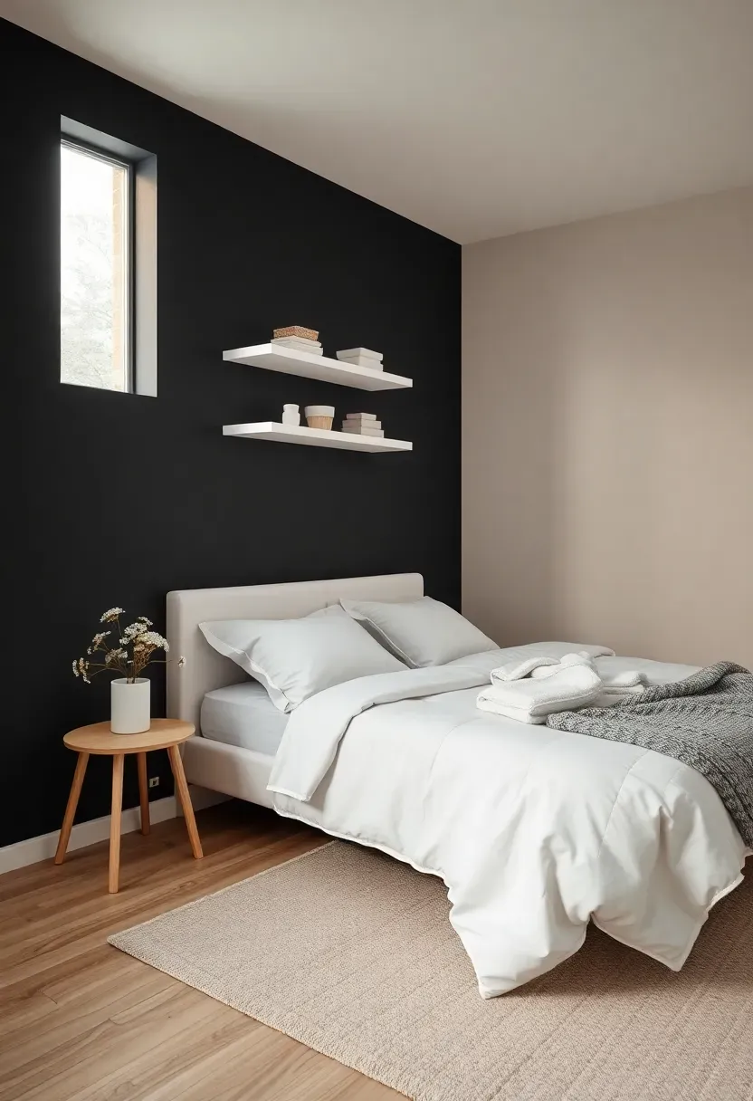 Black accent wall with white floating shelves