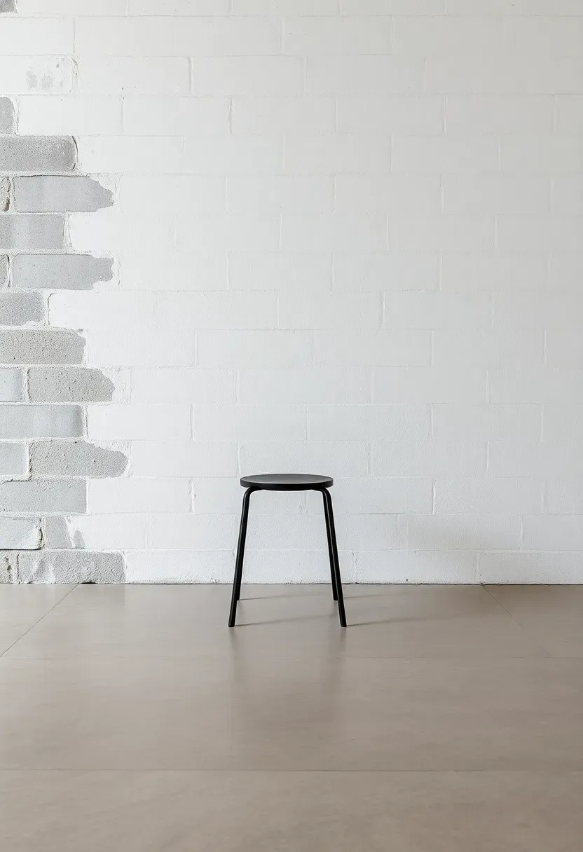exposed concrete block wall with white lime wash finish in a minimalist basement with concrete floor