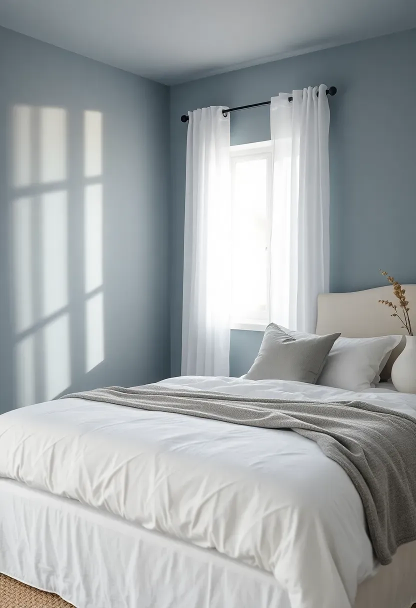 Serene basement guest room painted in dusty blue-gray with crisp white bedding and soft curtains