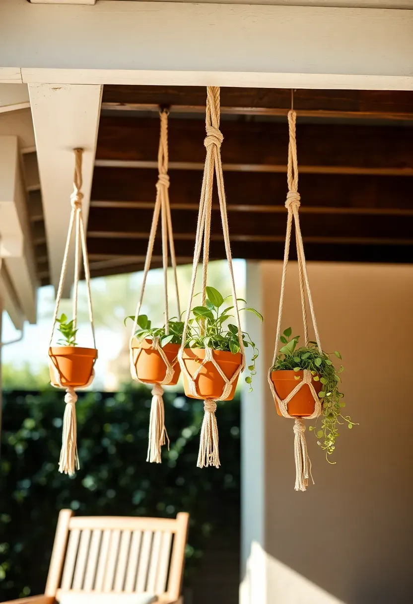 Three macrame hanging planters at staggered heights on a covered patio beam holding trailing pothos and string of pearls plants