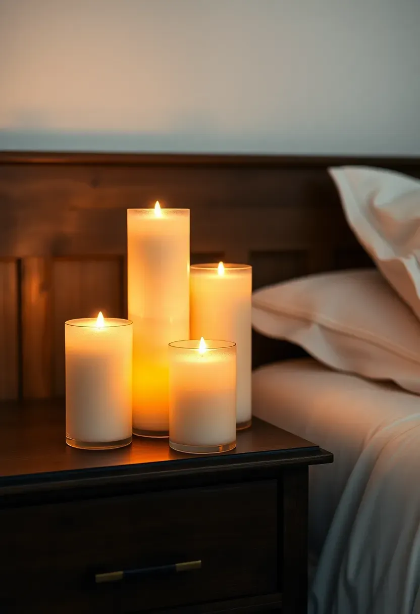 Hyper-realistic 3/4 view of bedroom nightstand with cluster of four frosted glass votive candles in varied heights. White pillar candles inside, soft warm candlelight glow diffusing through frosted glass creating magical ambiance. Dark wood nightstand, white linen bedding beyond, white walls. Materials: frosted glass votives, white candles, wood nightstand. Warm candlelight illuminating space softly, frosted finish suggesting winter frost. Cozy Christmas bedroom evening scene. Shallow depth of field, soft focus on candlelight. No text, no logos, no watermarks.</p>