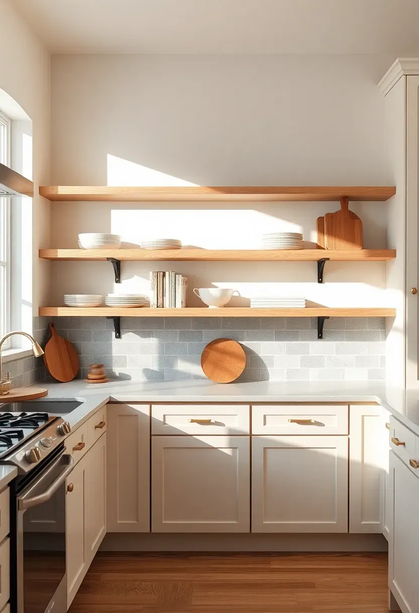 Hyper-realistic 3/4 view of a neutral kitchen with warm white oak open shelving on cream painted backsplash wall. Materials: natural white oak floating shelves, cream painted perimeter cabinets, warm quartz countertops, warm gray ceramic tile backsplash between shelves, brass hardware, warm oak flooring. Natural light from window, warm shadows on wood shelves. Visible open shelving displaying neutral ceramic dishware, cookbooks, and wood cutting boards. Warm casual mood. Shallow depth of field showing shelf wood grain, sharp details on shelf brackets. No text, no logos, no watermarks.</p>