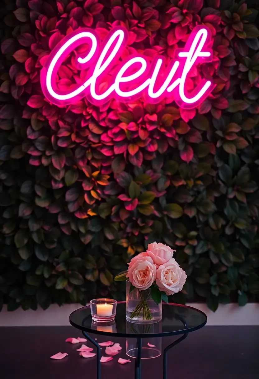 custom neon sign in pink cursive reading oh baby mounted on a dark green leaf wall backdrop at a baby shower with soft ambient glow