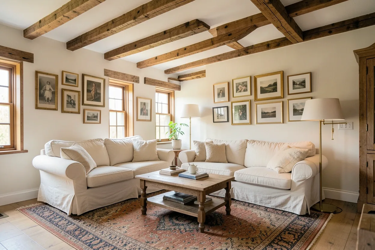 Cozy modern farmhouse living room with exposed wood beams, neutral linen sofa, woven jute rug, and warm pendant lighting