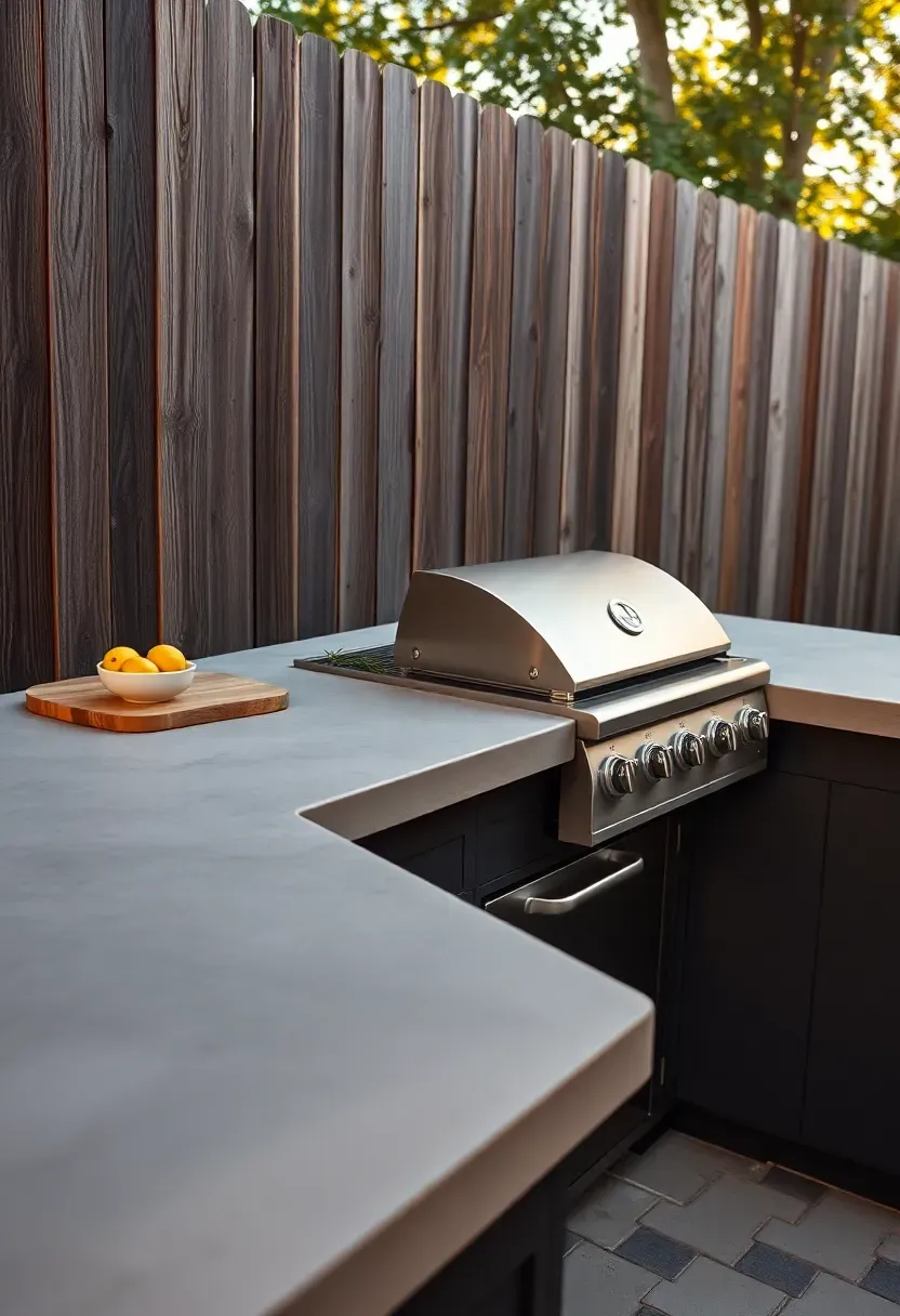 Simple outdoor kitchen counter with a built-in grill and concrete countertop against a backyard fence