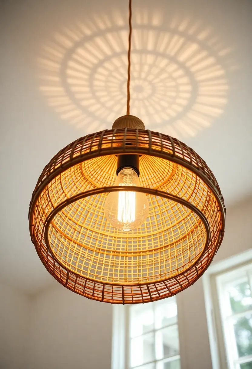 rattan pendant light fixture hanging in a bright sunroom replacing a basic ceiling fixture