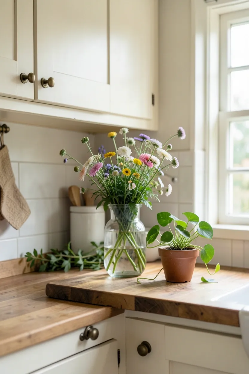 Glass vase with wildflowers and a potted pothos on a cottage kitchen counter — fresh greenery and natural beauty