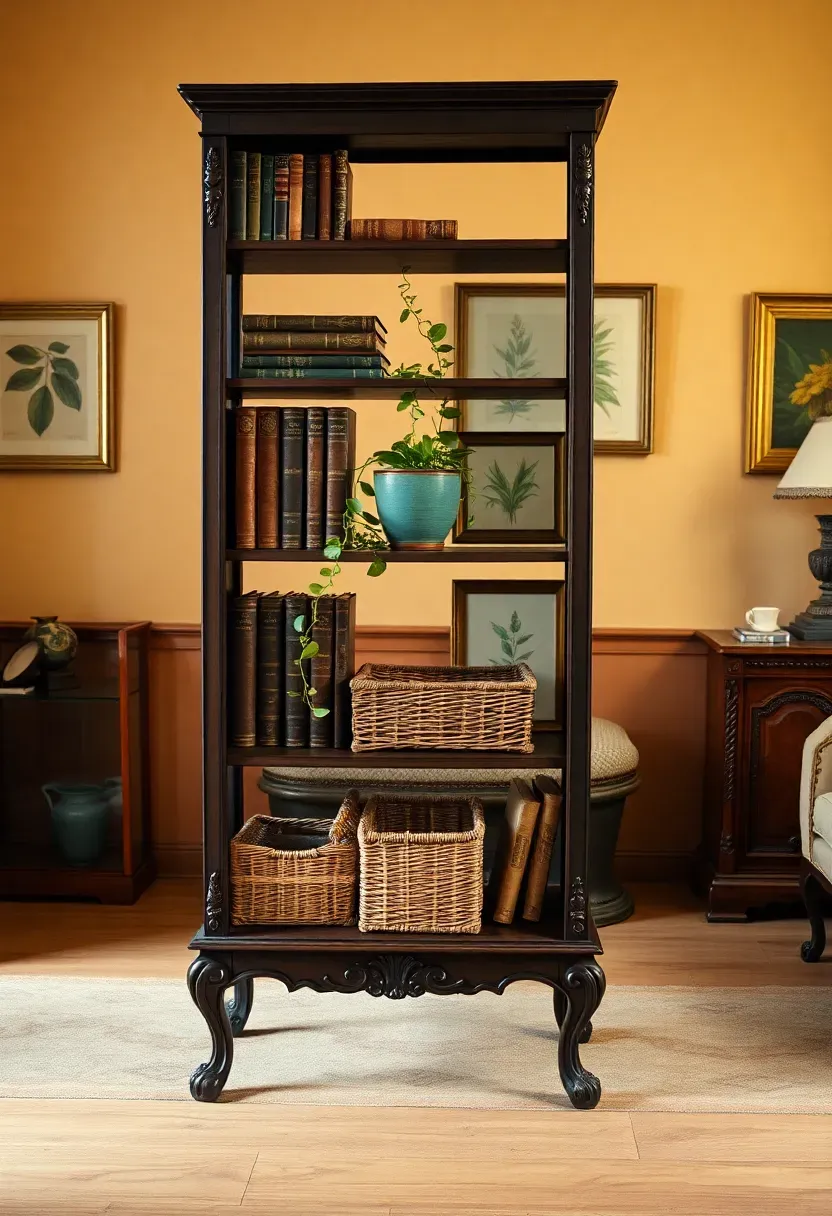Freestanding antique open shelf unit with carved legs and multiple tiers, styled as a room divider with books, plants, and decorative objects