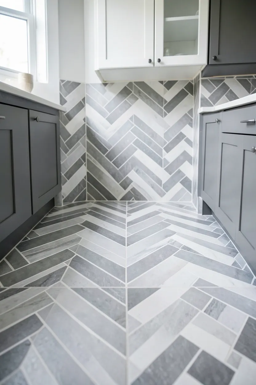 Gray and white chevron tile backsplash creating dynamic visual movement in a modern contemporary kitchen