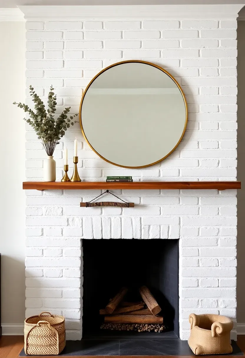 Fireplace with a freshly painted white brick surround, natural wood mantel shelf, and a large round mirror above, flanked by candlesticks and dried eucalyptus