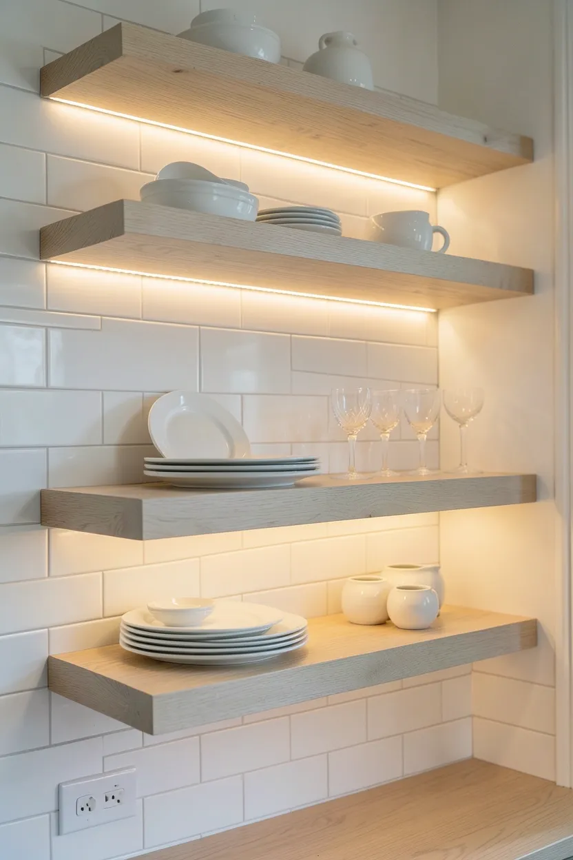 Hyper-realistic eye-level photograph of an elegant kitchen with floating shelves. White oak floating shelves are mounted against a white subway tile backsplash. Each shelf has an LED strip mounted underneath, casting a warm glow onto the shelf below and illuminating displayed items. The shelves hold neatly arranged white dinner plates, crystal glasses, and ceramic pieces. Natural light mixing with LED illumination. Materials: white oak, LED strip lighting, white ceramic, crystal. Warm and sophisticated elegant mood. Sharp focus on the shelf details and LED glow. No text, no logos, no watermarks.</p>